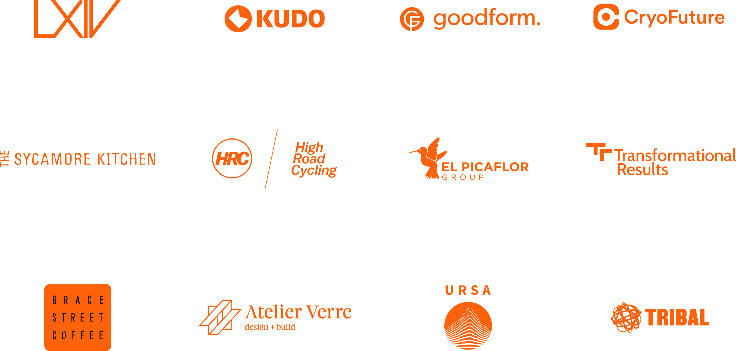 Brand identities designed by MakeShft — LXIV, KUDO, goodform, CryoFuture, The Sycamore Kitchen, High Road Cycling, El Picaflor Group, Transformational Results, Grace Street Coffee, Atelier Verre, URSA, Tribal