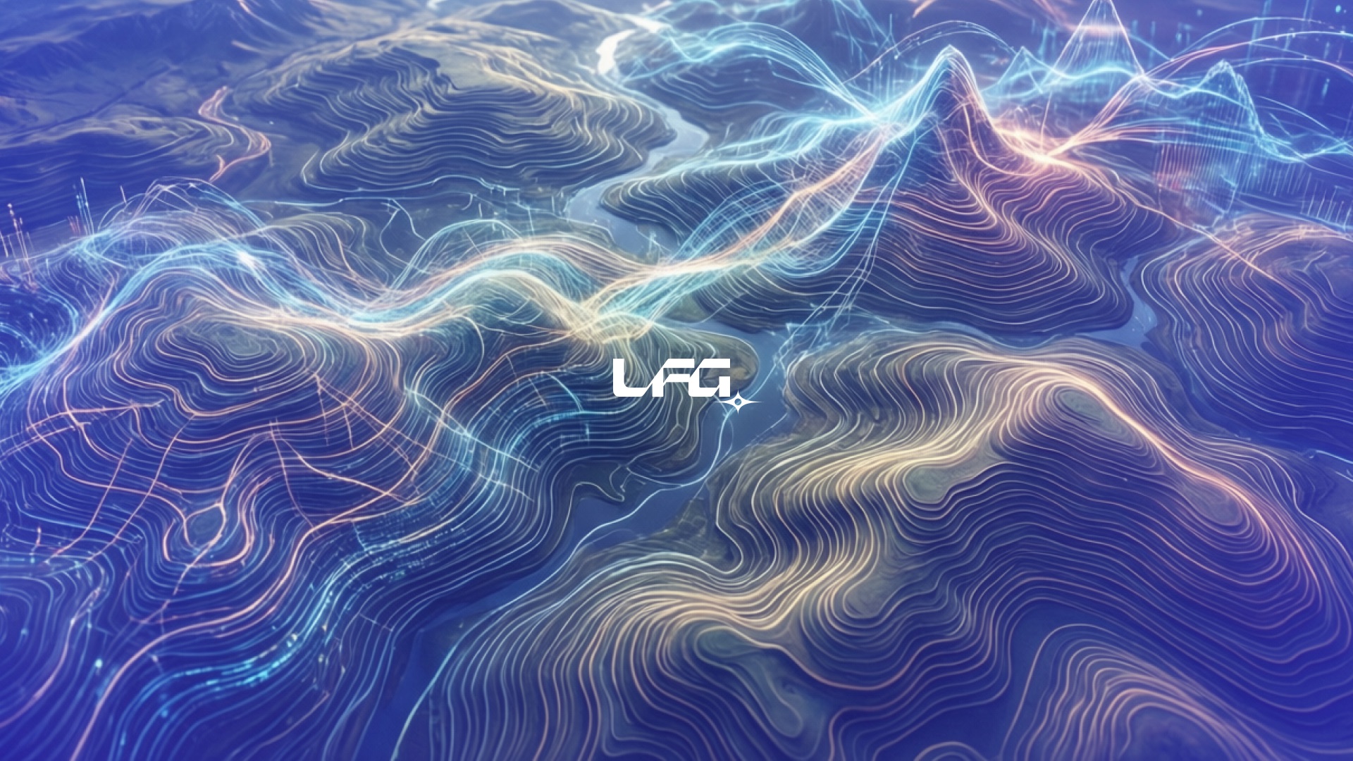 The LFG mark set in a flowing generative landscape