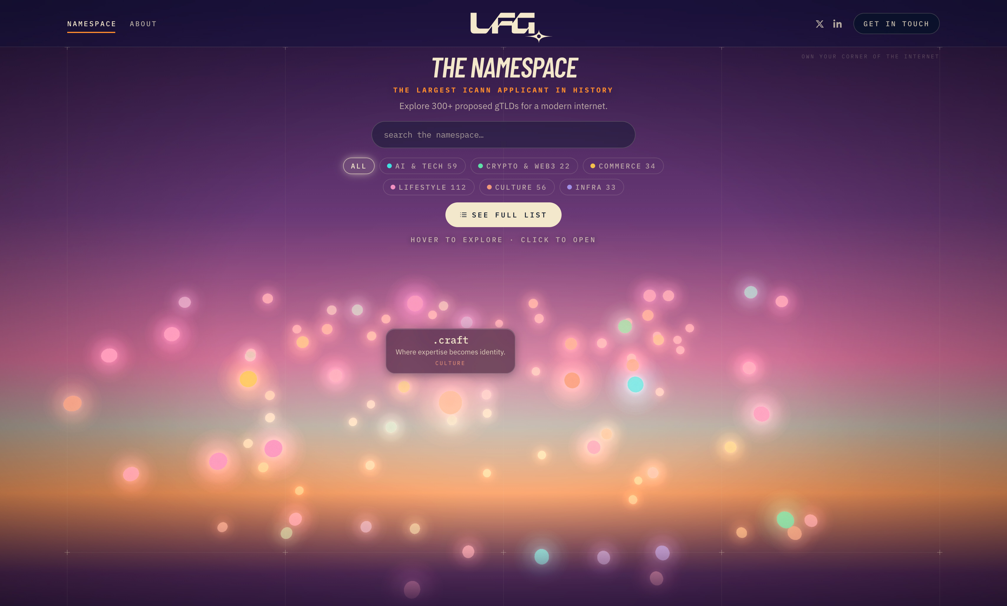 The namespace, LFG’s interactive 3D field of 300+ proposed domains