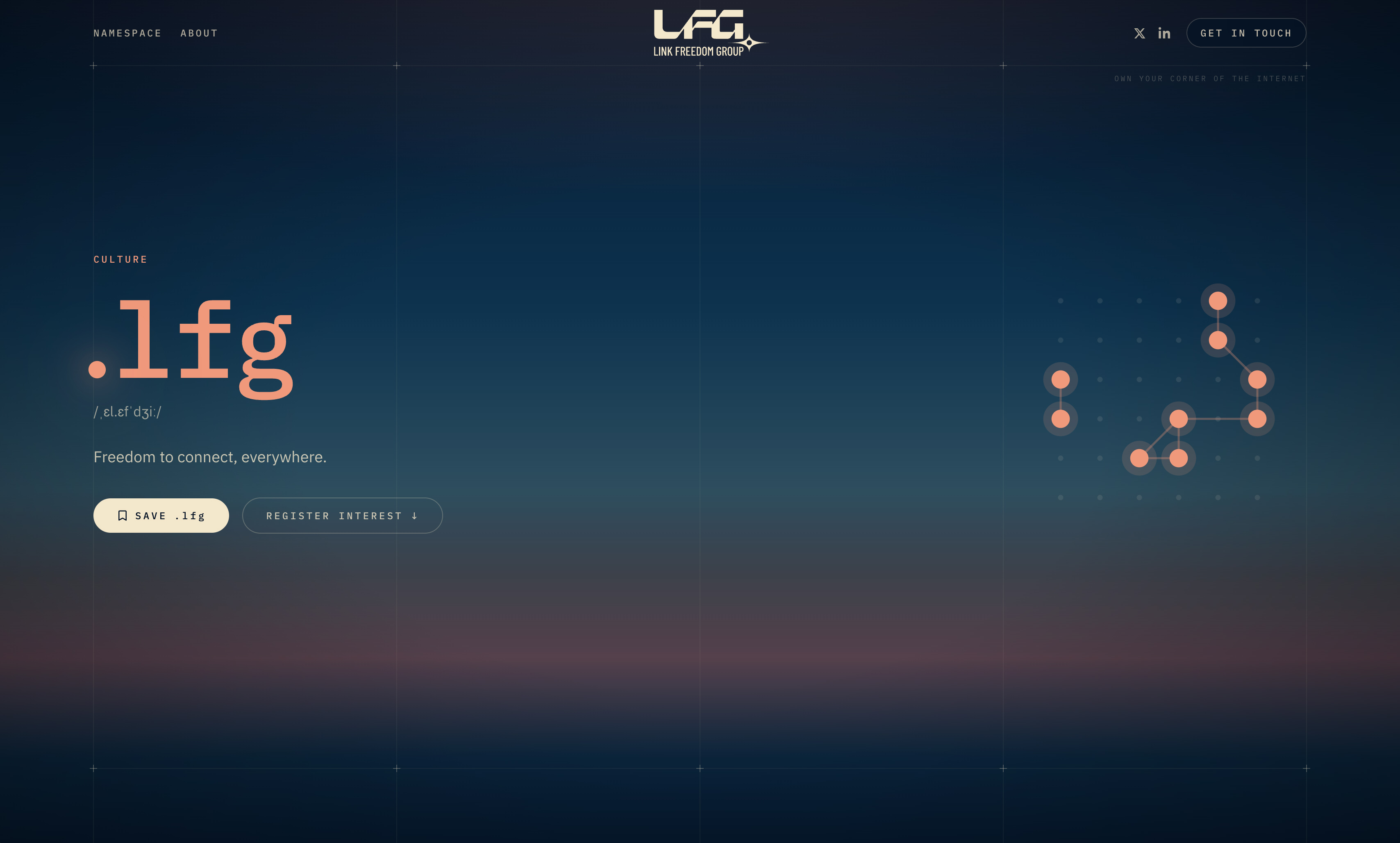 A per-domain landing page for .lfg, with save and register-interest actions
